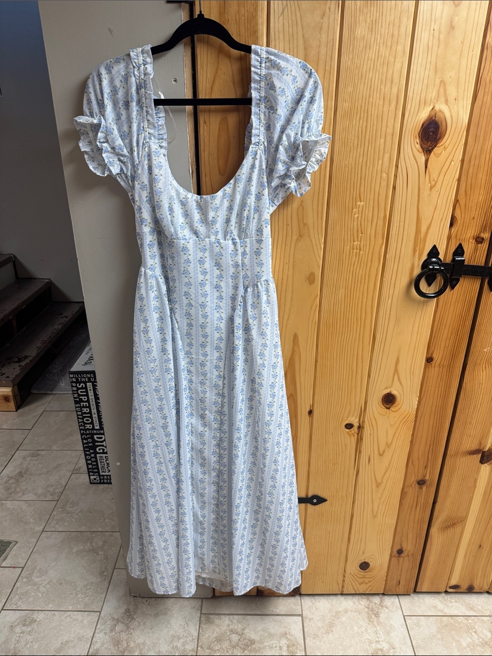 Crystal Doll Pale Blue and White Floral Maxi Dress with Puff Sleeves